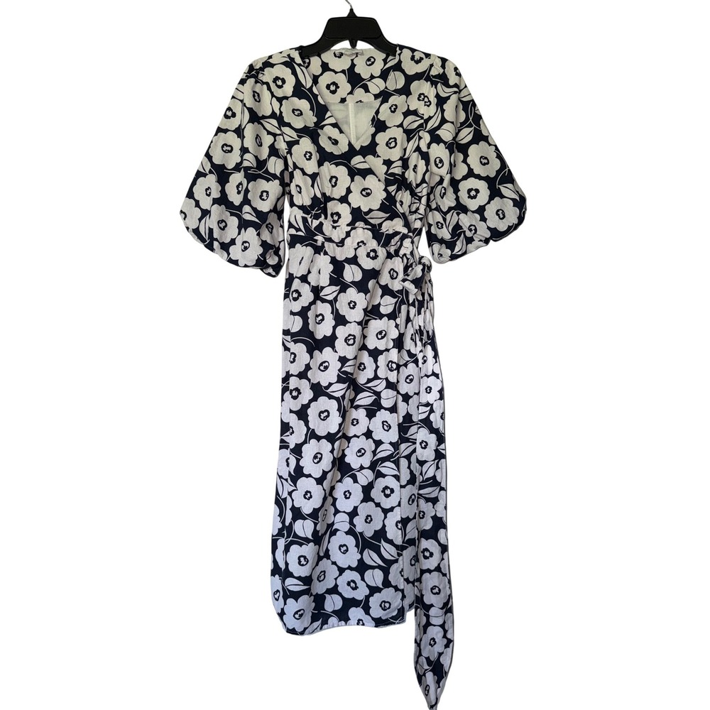 Charter Club Luxury Linen‎ Cotton Floral Wrap Dress Navy White Puff Sleeve XS